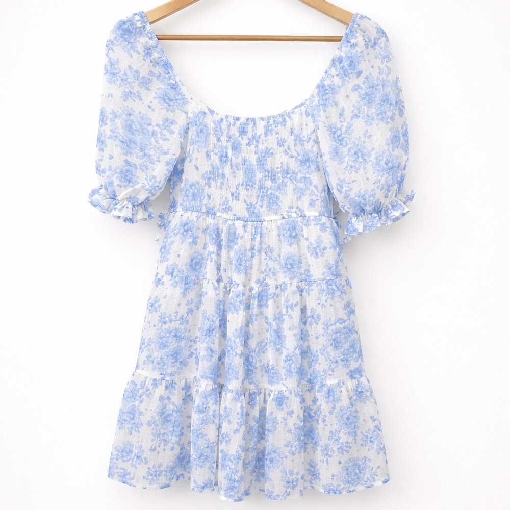 Trixxi Blue and White Floral Mini Dress Puff Sleeve Lined Size Small - Picture 3 of 9